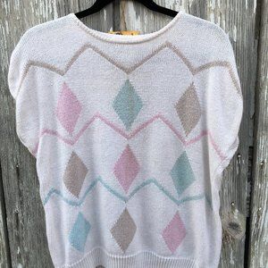 Vintage 90s 80s pastels soft color-block sweater vest argyle white petite crop